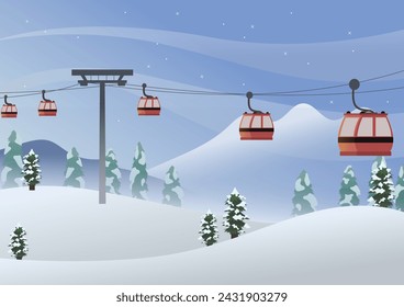 Cable car lift people at the ski resort vector illustration, ski resort in winter,  The cable car to the mountains. Ski lifts lifting skiers to the top of the mountain