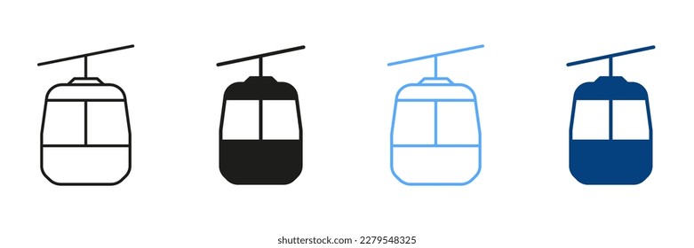 Cable Car Line And Silhouette Color Icons Set. Pictogram Of Cable Car. Collection Of Symbols on White Background Of Gondola, Funicular, Lift And Tourist Cable Car. Isolated Vector Illustration.