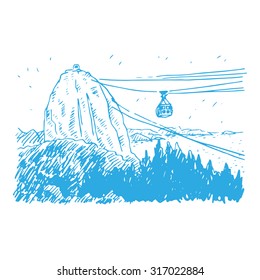 Cable car line from Sugarloaf Mountain, Rio de Janeiro, Brazil. Vector freehand sketch.
