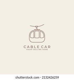 Cable car logo in mountains . Cableway cabins lifting over winter background. Ski resort landscape with ropeway, funiculars, snow and Alps. Alpine ropeway
