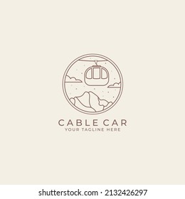 Cable car logo in mountains . Cableway cabins lifting over winter background. Ski resort landscape with ropeway, funiculars, snow and Alps. Alpine ropeway