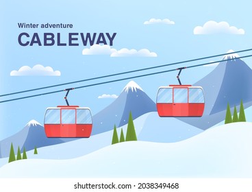 Cable car in mountains. Cableway cabins lifting over winter background. Ski resort landscape with rope way, funiculars, snow and Alps. Alpine ropeway. Flat vector illustration of cablecar booths