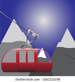 A cable car in the mountains on a snow background