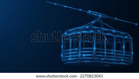 Cable car, observation cabin on a stretched cable. Low-poly design of interconnected lines and dots. Blue background.