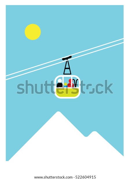 Cable car on the skiing resort. Ski lift.\
vector. Family vacation in mountains.\

