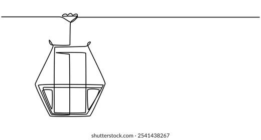 Desenho de uma linha de teleférico, Teleférico com cabines desenho contínuo de uma linha, Teleférico em estilo de desenho de arte de linha contínua. Tramway aérea preto esboço linear isolado no fundo branco. Vetor