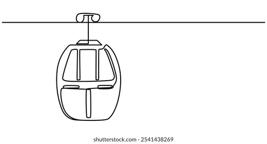 Desenho de uma linha de teleférico, Teleférico com cabines desenho contínuo de uma linha, Teleférico em estilo de desenho de arte de linha contínua. Tramway aérea preto esboço linear isolado no fundo branco. Vetor