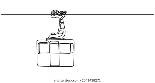 Cable car one line drawing, Cable car with cabins continuous one line drawing, Cable car in continuous line art drawing style. Aerial tramway black linear sketch isolated on white background. Vector