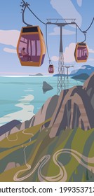 Cable car overlooking the sea. Vector.