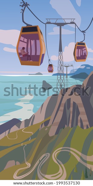 Cable car overlooking\
the sea. Vector.