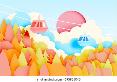 Cable car paper art style with beautiful landscape in autumn background vector illustration