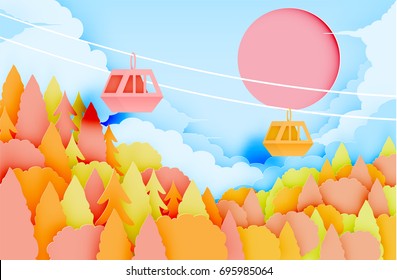 Cable car paper art style with beautiful landscape in autumn background vector illustration