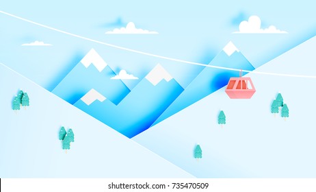 Cable car paper art style with beautiful landscape background vector illustration