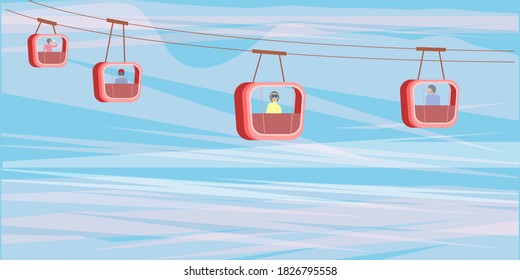 Cable car, passengers in cabins - abstract background - illustration, vector. Winter sports.