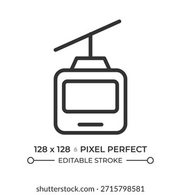 Cable car pixel perfect line icon. Aerial tramway carrying passengers over ground. Safe gondola lift. Isolated vector illustration. Outline symbol. Simple linear drawing. Editable stroke