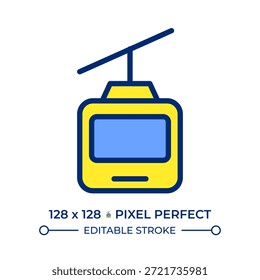 Cable car pixel perfect line color icon. Aerial tramway carrying passengers over ground. Safe gondola lift riding. Isolated vector illustration. Flat colorful symbol design. Editable stroke
