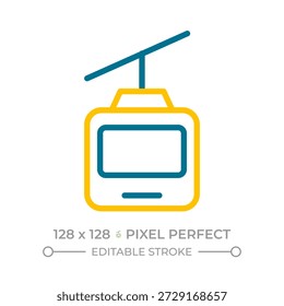 Cable car pixel perfect two color line icon. Aerial tramway carrying passengers over ground. Safe gondola lift bicolor outline symbol. Duotone linear pictogram. Isolated illustration. Editable stroke