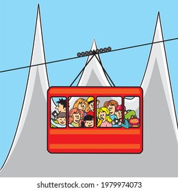 cable car, red cableway, crowd of people at cabin, vector funny illustration
