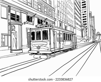 Cable Car in San Francisco. California streetcar. USA. Traditional California car. Hand drawn urban sketch. Digital illustration. Vector background.