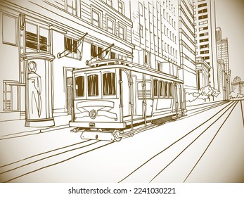 Cable Car in San Francisco. California streetcar. USA. Traditional California car. Hand drawn urban sketch. Sepia Digital illustration. Vector background.