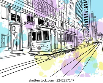 Cable Car in San Francisco. California streetcar. USA. Traditional California car. Hand drawn urban sketch. Digital illustration. Vector background.