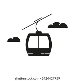 Cable car silhouette icon. Black simple illustration of aerial lift with clouds. Vector isolated elements on white background