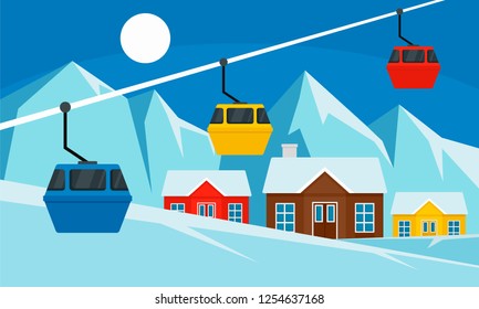 Cable car ski resort banner. Flat illustration of cable car ski resort vector banner for web design