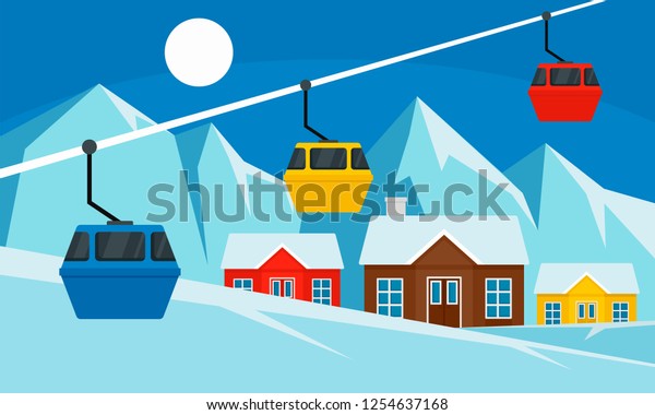 Cable car ski resort banner.\
Flat illustration of cable car ski resort vector banner for web\
design