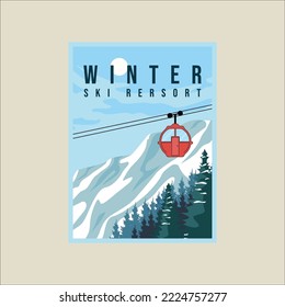 cable car ski resort poster vector illustration template graphic design. gondola transportation at snow mountain in winter banner for travel or tourism business