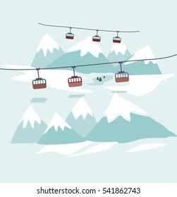 Cable car to snowy mountains design. Ski lift, trolley car, transportation tourism, travel cabin, snow winter, vacation and ropeway, elevator outdoor aerial illustration