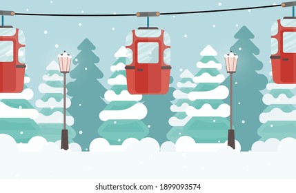 Cable car with trailers in the winter forest. Fabulous snowy forest. Vector