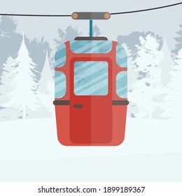Cable car with trailers in the winter forest. Funicular carriage. Cartoon style. Vector illustration.
