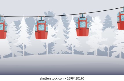 Camión de cable con remolques en el bosque invernal. Fabuloso bosque nevado. Estilo de caricatura. Vector