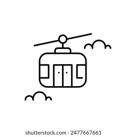 Transporte en teleférico. Góndola en el cielo con nubes. Deportes recreativos de invierno, vacaciones y vacaciones. Icono Vector