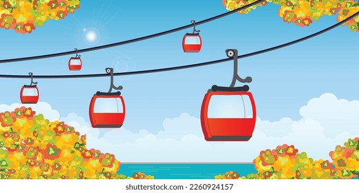 Cable car transportation rope way over autumn landscape mountains with colors of leaves. Nature background flat vector illustration.