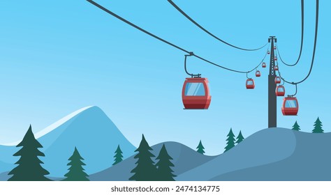 Cable car transportation rope way over mountain hill vector illustration.