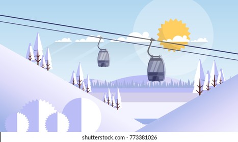 Cable Car Transportation Rope Way Over Mountain Hill Nature Winter Background Banner With Copy Space Flat Vector Illustration
