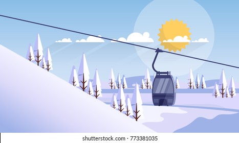 Cable Car Transportation Rope Way Over Mountain Hill Nature Winter Background Banner With Copy Space Flat Vector Illustration
