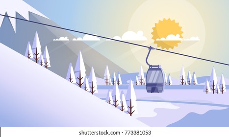 Cable Car Transportation Rope Way Over Mountain Hill Nature Winter Background Banner With Copy Space Flat Vector Illustration
