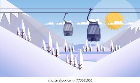 Cable Car Transportation Rope Way Over Mountain Hill Nature Winter Background Banner With Copy Space Flat Vector Illustration
