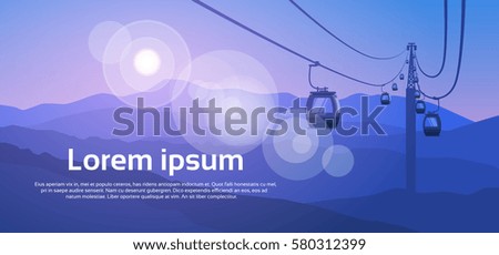 Cable Car Transportation Rope Way Over Mountain Hill Nature Background Banner With Copy Space Flat Vector Illustration