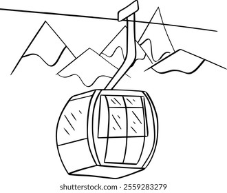 Cable car transportation vector graphic line art composition. Gondola in sky and mountains with clouds. Recreational winter sports, holidays and vacations.
