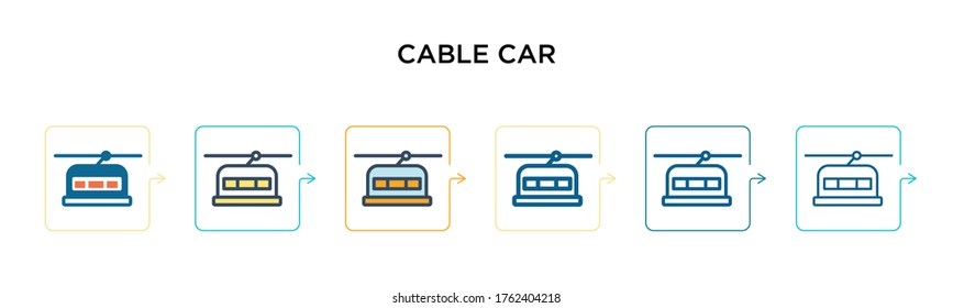 Cable car vector icon in 6 different modern styles. Black, two colored cable car icons designed in filled, outline, line and stroke style. Vector illustration can be used for web, mobile, ui