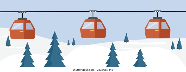 Teleférico en la temporada de invierno. Colina de invierno con teleférico. Paisaje invernal. Ilustración de ropeway. Teleférico. Sistema de teleférico. Transporte de montaña. remonte en el invierno.