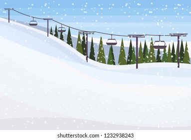 cable car winter snowy mountain hill fir tree forest landscape background ski resort horizontal flat vector illustration