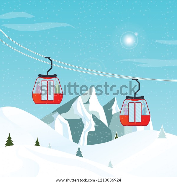 Cable cars or aerial lift moving above the\
ground against winter landscape, Winter activities conceptual\
vector illustration.