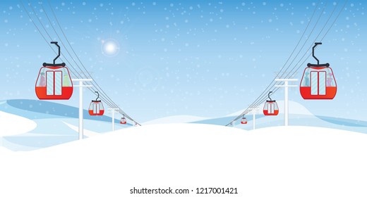 Cable cars or aerial lift with people moving above the ground against winter landscape, Winter activities conceptual vector illustration.