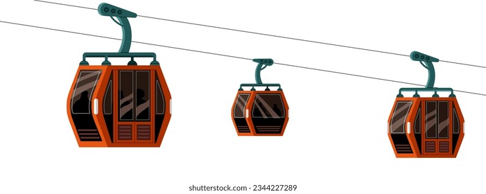 Cable cars, cabins on rope of cableway. Funicular, ski elevator lift tourists on high mountain. Air railway for season sports and recreation trip. Flat isolated vector illustration on white background