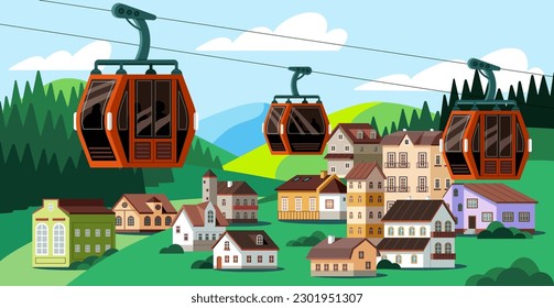 Cable cars, cabins on ropes of cableway. Nature landscape with funiculars, cablecars. Ropeway in town, country. Suspended transport at height, aerial tram for tourist, travel. Flat vector illustration