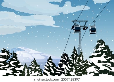 Cable cars on steel cables above a snow covered forest in the mountain. cable cars going through the snowy mountain. Winter tourism concept vector. Cable car transportation rope way over mountain hill